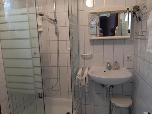 a bathroom with a sink and a glass shower at Ferienwohnung in Gamlitz