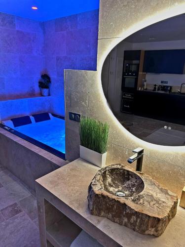 a bathroom with a rock sink and a large mirror at Da Mona in Reims