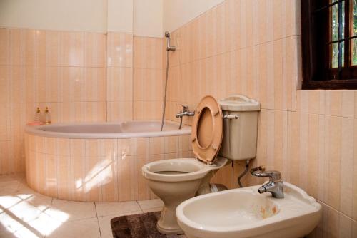 a bathroom with a toilet and a sink and a tub at Whispering Trees in Kandy