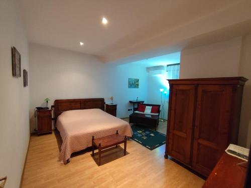 a bedroom with a bed and a chair in a room at Vila Zoppas Inn in Sînnicolau Mare