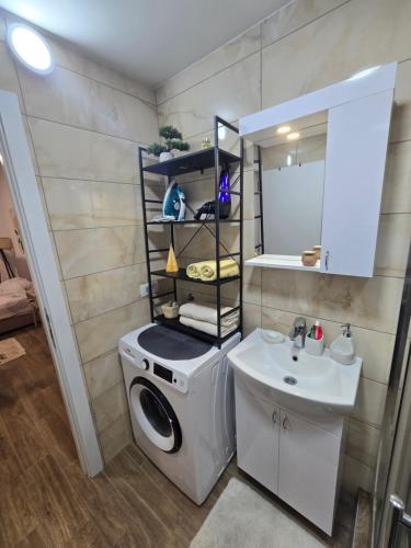 a bathroom with a washing machine and a sink at Kmb Apartment in Kragujevac