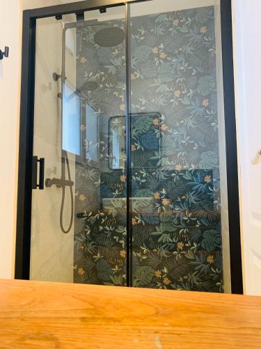 a shower with a glass door in a room at Studio Moderne Cozy in Ribaute-les-Tavernes