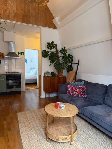 a living room with a blue couch and a table at At Loum in Alkmaar