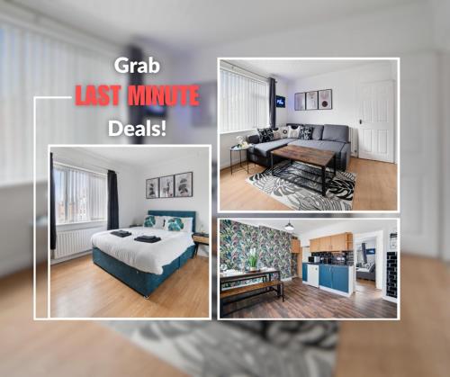 a collage of four pictures of a room at Exclusive Deals l Last-Minute Reserve l Townhouse with Sleeps 6 l Braunstone Town , Leicester l By Zen Nights Short Lets & Serviced Accommodations in Braunstone