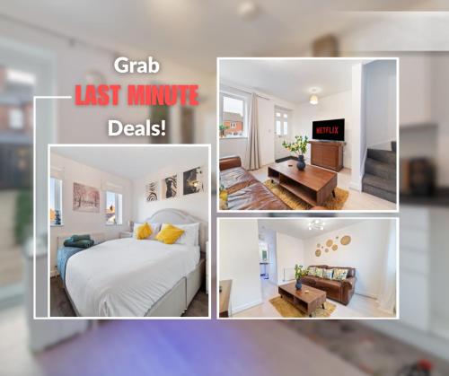 a collage of pictures of a room with a bed and a fireplace at Last-Minute Reserve l Modern House near City Center Sleeps 6 with Free Parking l By Zen Nights Short Lets & Serviced Accommodations in Leicester