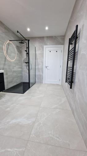 a bathroom with a walk in shower and a mirror at Sea Mourne View in Carlingford