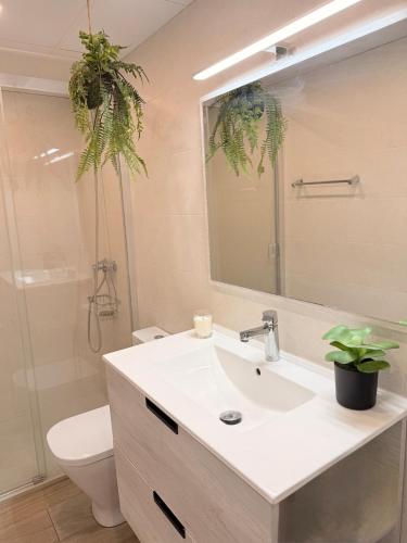 a bathroom with a sink and a toilet and a mirror at New Caleta apartment seaviews in Caleta De Velez