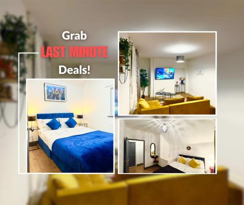 a collage of four pictures of a hotel room at Last-minute Specials l Elegant House near City Center Sleeps 8 with Free Parking l Near DeMontfort Uni l By Zen Nights Short Lets & Serviced Accommodations in Leicester