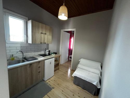 a small kitchen with a sink and a table at Tsonas Apartments in Lygia