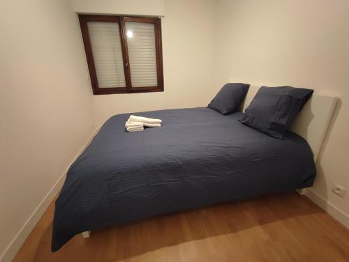 a bedroom with a bed with blue sheets and a window at Charming Bagneux Nest in Bagneux