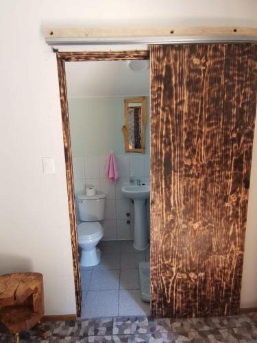 a bathroom with a toilet and a sink at tiny house kiñeco melipeuco conguillio in Santa María
