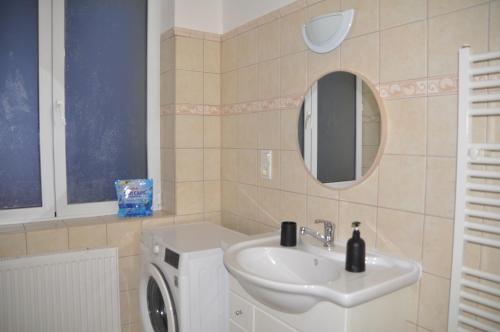 a bathroom with a sink and a washing machine at Apartment 3 Stavební in Cheb