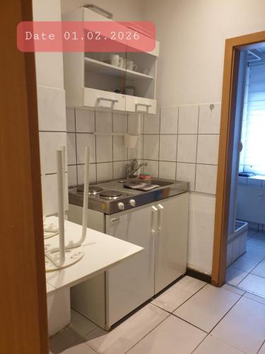 a kitchen with a stove and a sink in it at FeWo Nina - Monteurwohnung in Weißenfels
