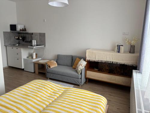 a living room with a bed and a chair at V Talutě in Chyšky