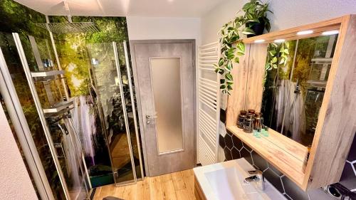 a bathroom with a sink and a mirror at unique Ferienwohnung in Leutkirch im Allgäu