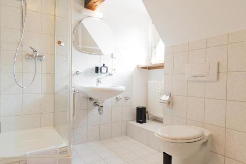 a bathroom with a sink and a toilet and a shower at Hotel Garni Promenade in Weißenhorn