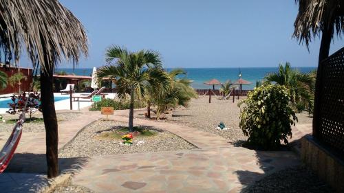 a resort with a pool and palm trees and the ocean at Guille Bungalows in Canoas De Punta Sal