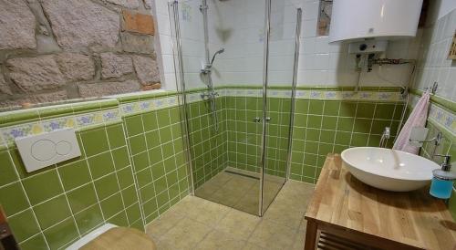 a green tiled bathroom with a shower and a sink at Chalupa Žernovka in Žernov