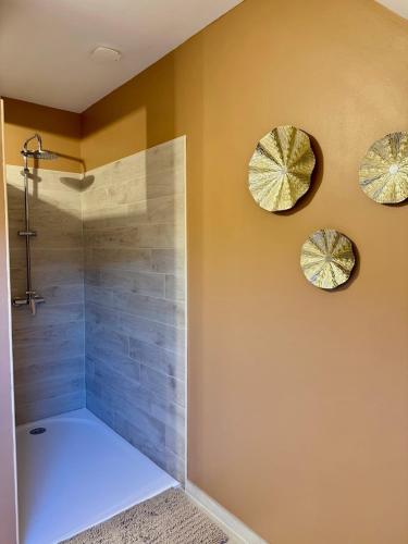 a bathroom with a shower and two mirrors on the wall at Appartement à Ohain in Ohain