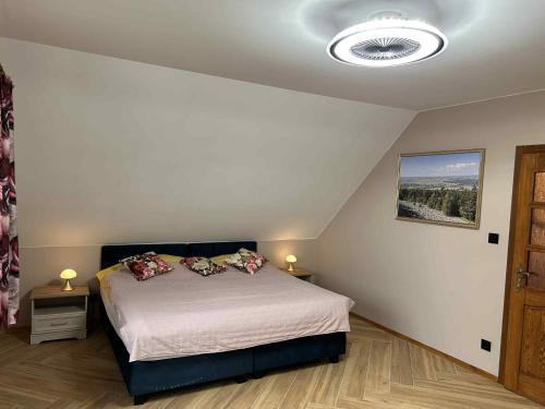 a bedroom with a bed with two pillows on it at BABA JAGA na szlaku in Nowa Słupia