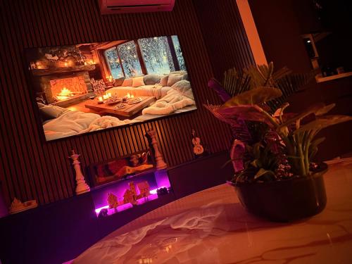 a room with a living room with a fireplace and a tv at Hils Pallady in Bucharest