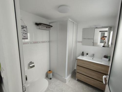 a white bathroom with a toilet and a sink at APARTAMENTOS LA CAPILLA in Villanueva de Arosa