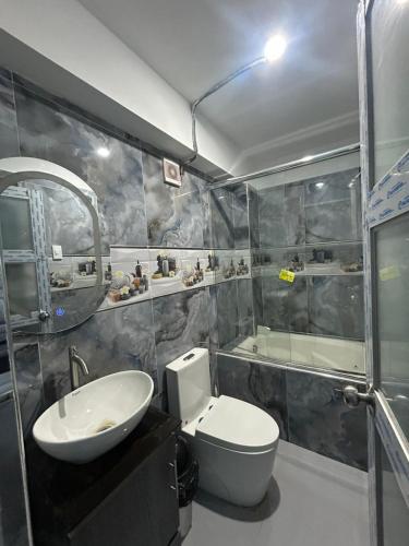 a bathroom with a toilet and a sink and a shower at Mishki Punuy in Caraz