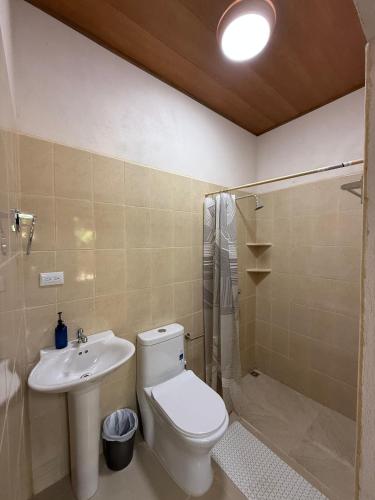 a bathroom with a toilet and a sink and a shower at Hostal Casa Hope in Rivas