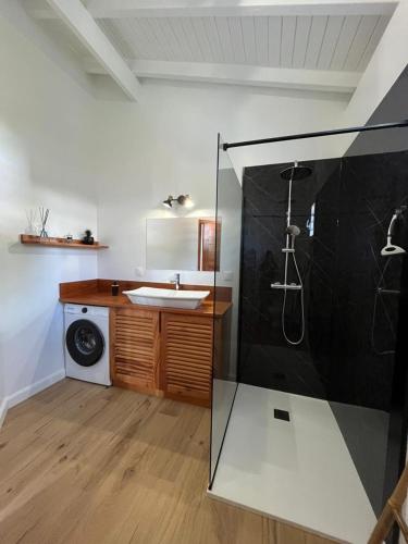 a bathroom with a sink and a shower at Logement chic au style tropical contemporain in Îlet à Christophe