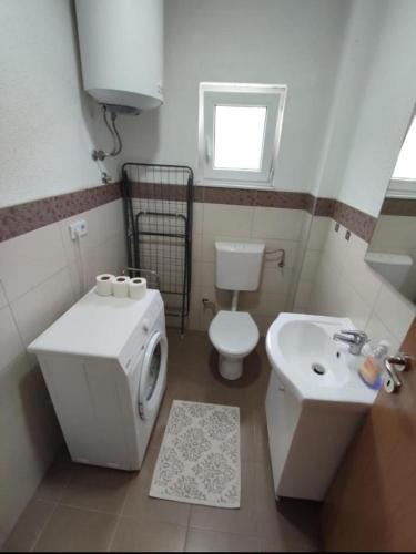 a small bathroom with a toilet and a sink at Pandora Apartments Sarajevo in Sarajevo
