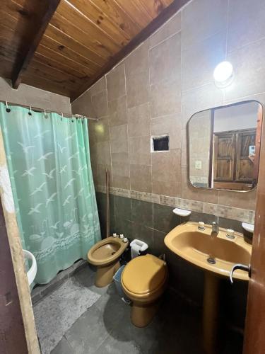 a bathroom with a toilet and a sink and a mirror at La Nueva Vecindad in San Bernardo