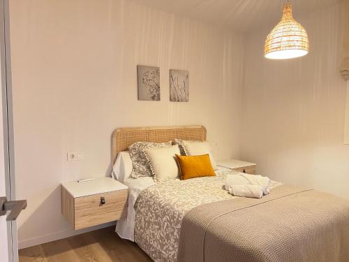 a small bedroom with a bed and a pendant light at Ribeira Sacra Ledicia in Chantada