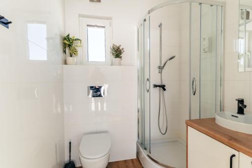 ein Badezimmer mit Dusche, Toilette und Waschbecken in der Unterkunft SkyView Wierch Private Jacuzzi Mountain View in Ząb