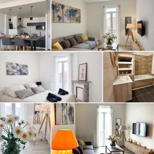 a collage of photos of a living room and a kitchen at ELEGANCE Castillet - Plein Centre Proche Gare Bus et Transports - IDEAL COUPLE ou PRO - Moderne et Confort - OFFRE SPECIALE in Perpignan