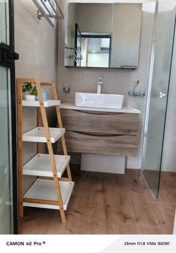 a bathroom with a sink and a mirror at Serenity in Dakan