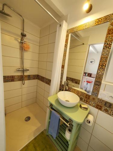 un bagno con lavandino e specchio di La petite maison a Libourne