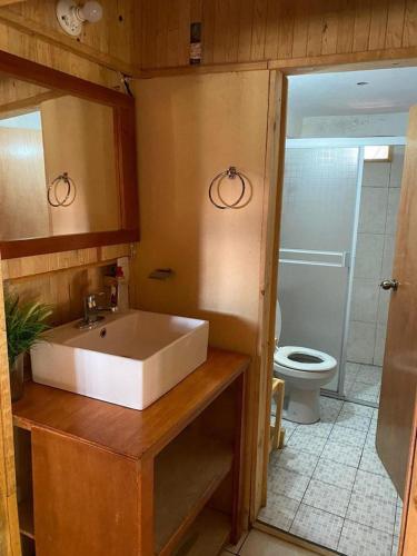 a bathroom with a sink and a toilet at Cabañas El Ensueño in La Ciudad