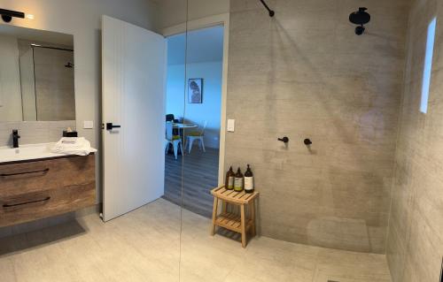 a bathroom with a shower with a sink and a counter at The Top Place Retreat in Caveside