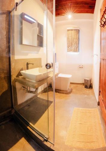 a bathroom with a glass shower with a sink at Hill Safari - Tea Estate Villa in Ohiya