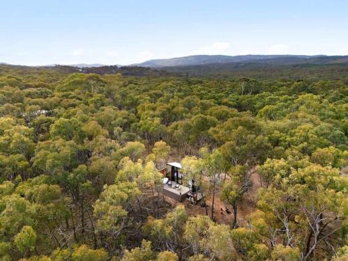 an aerial view of a house in the middle of a forest at HeartStone Hill by Tiny Away in Castlemaine