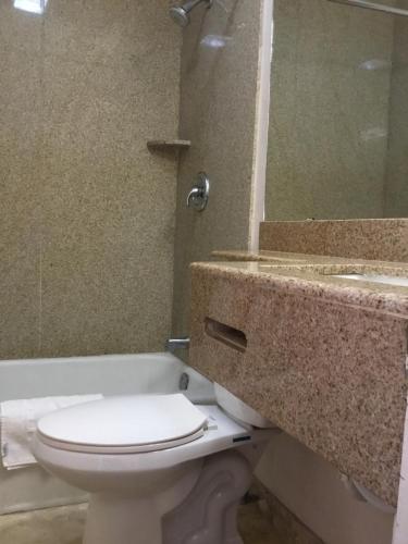 a bathroom with a toilet and a sink and a tub at Budget Inn Plainview in Plainview