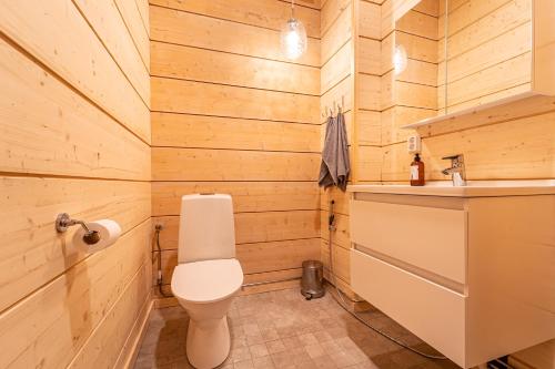 a bathroom with a toilet and a sink at Lakeside Cabin in Romakkaniemi