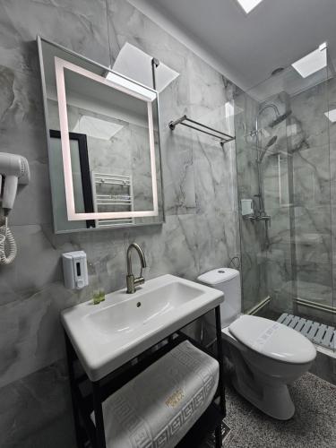 a bathroom with a sink and a toilet and a mirror at Perfect Ploiesti in Ploieşti
