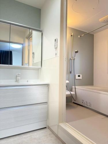 a bathroom with a shower and a sink and a mirror at Akikawa Toshima 2 プレミアム鉄骨 一棟貸切ヴィラ in Kumamoto