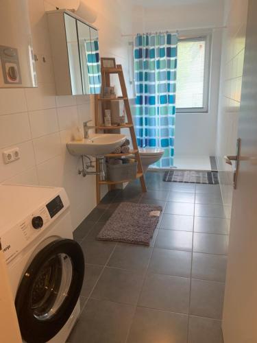 a bathroom with a washing machine and a sink at Wohnung Nähe Steyr bis 9 Personen in Ramingdorf