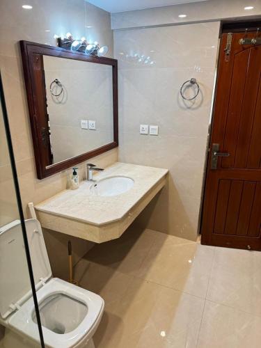 a bathroom with a sink and a toilet and a mirror at Pent House Executive Resedency in Dargai