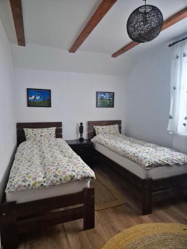 two twin beds in a bedroom with two windows at New and comfortable two bedroom house in Gărâna