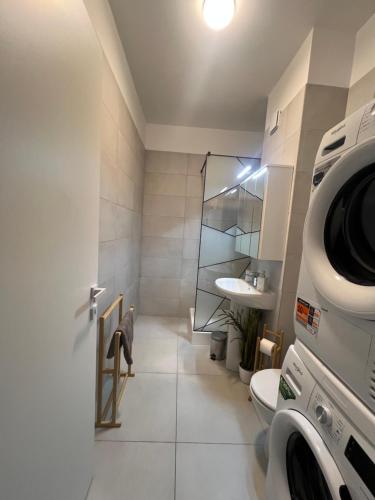 a bathroom with a sink and a washing machine at RULU Studio Plaza Mall in Bucharest