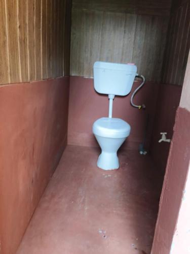 a bathroom with a toilet in a red room at GARDEN villa, Vanasthalipuram in Hyderabad