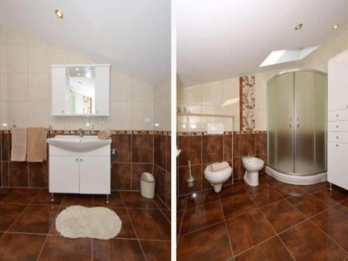 two pictures of a bathroom with a sink and a toilet at Apartment Franka in Kaštela
